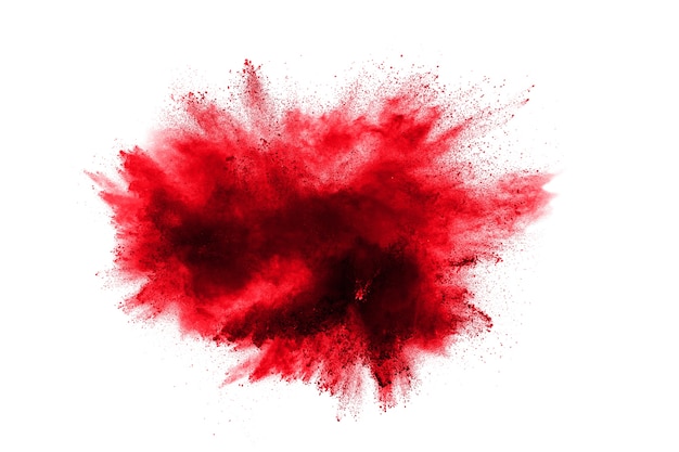 Red powder explosion on white background.