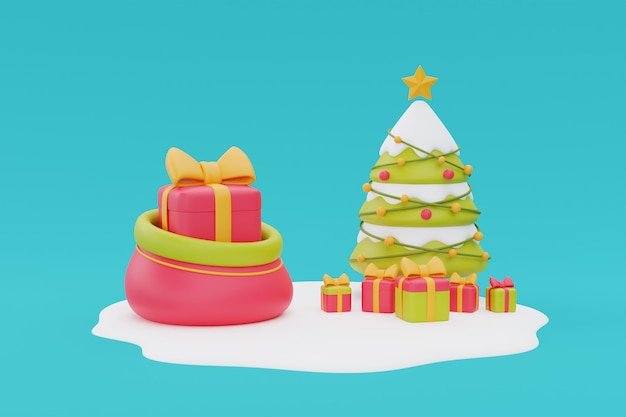 赤はクリスマス ツリー メリー クリスマスと新年あけましておめでとうございます 3 d ギフト ボックスの完全な袋をプレゼントします。