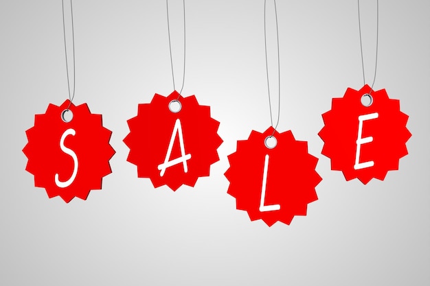 Red price tags with sale sign on them 3D illustration