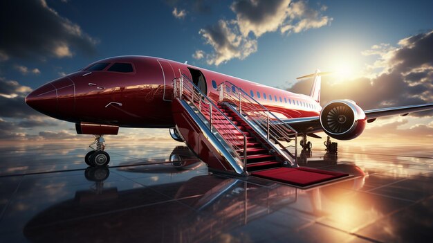 red private airplane on the background of the airport