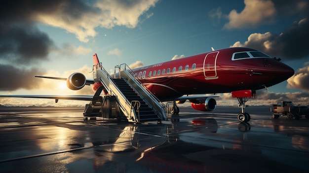 Photo red private airplane on the background of the airport