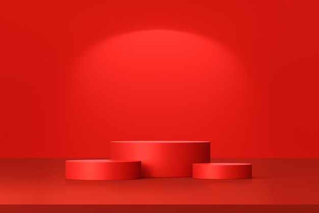 Red product background stand or podium pedestal on empty display with blank backdrops.