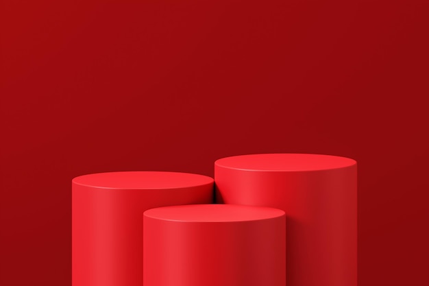 Red product podium display 3d background stage with empty presentation pedestal platform studio scene or blank cylinder stand minimal geometric showcase and luxury advertising sale banner backdrop
