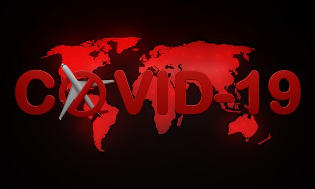 Foto segno rosso di proibizione su modelli di aerei passeggeri con testo covid19 su uno sfondo rosso della mappa del mondo mostra l'epidemia di coronavirus rendering 3d
