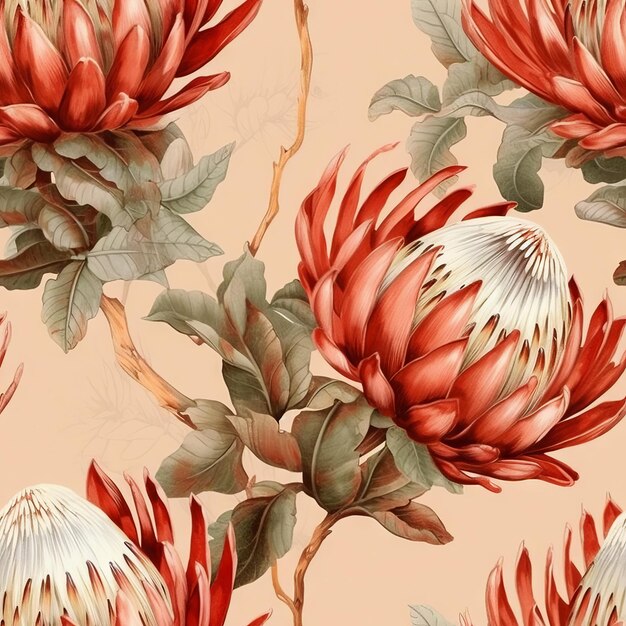 Red protea flowers on a branch