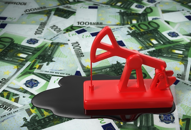 Photo red pumpjack and spilled oil on euros