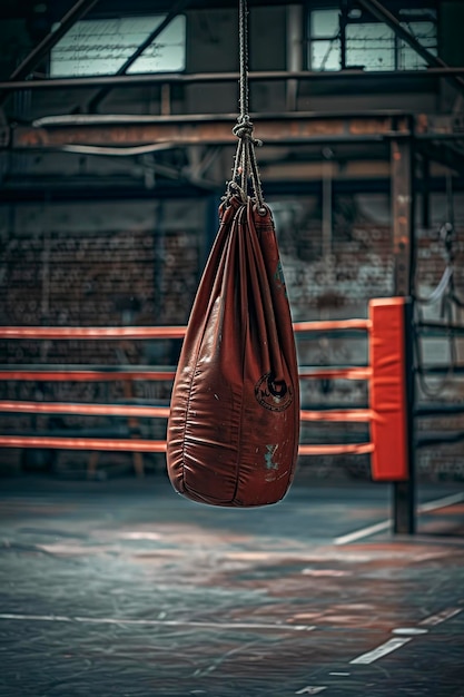 red punching bag hangs in front of the boxing ring