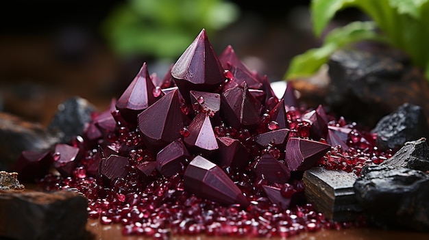 red and purple crystals on a black background