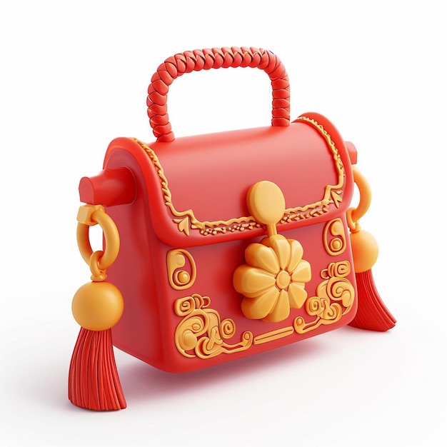 a red purse with a tassel on top of it