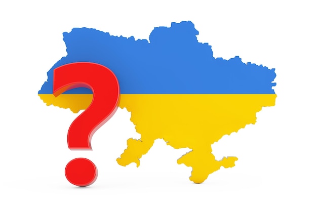 플래그 3d 렌더링으로 우크라이나 지도 앞의 빨간색 물음표