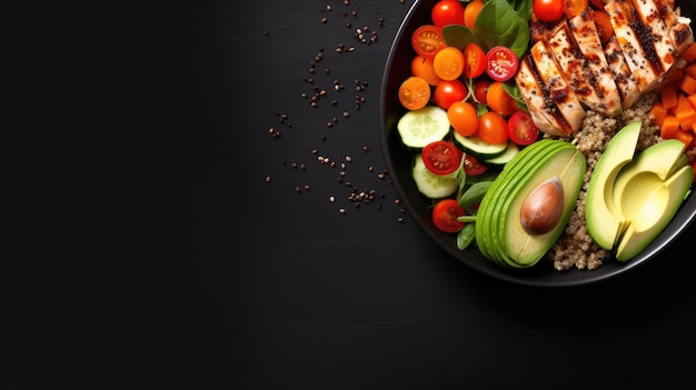 Red quinoa bowl with avocado radishes scallions cherry tomatoes chives and fresh basil Top view Copy space