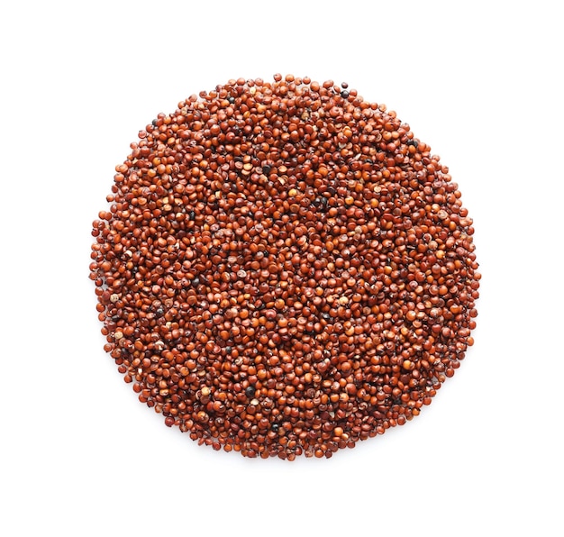 Red quinoa seeds in shape of circle on white background