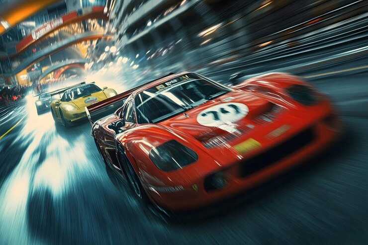 Photo red race car leading through a blur of speed