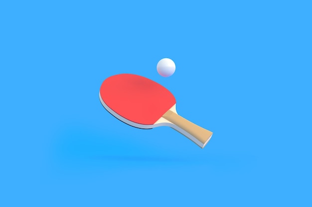 Red racket for table tennis with white ball on blue background Ping pong sports equipment 3D render