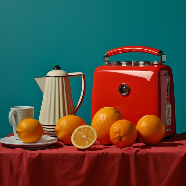 A red radio with a cup of coffee and oranges on a table.