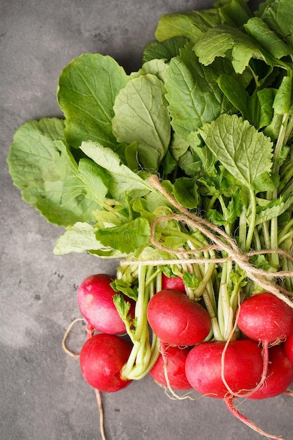 Red radishes bunch on a grey background closeup top view Vertically