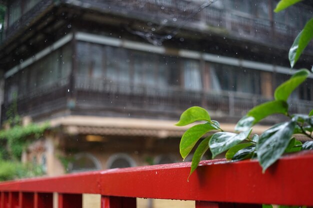 Red railing during rain