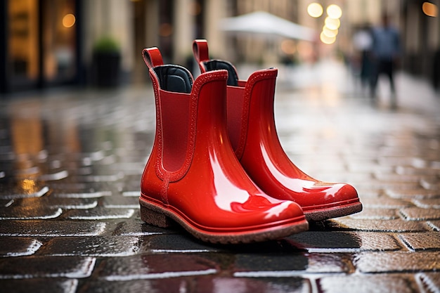 Red rain boots on the street