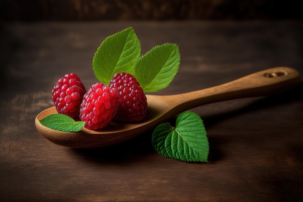 Red raspberries in close up in a wooden spoon with a green leaf in the background raspberry fresh in wooden spoon a close up of a red raspberry