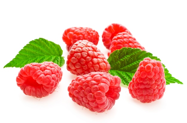 Red raspberries with leaves