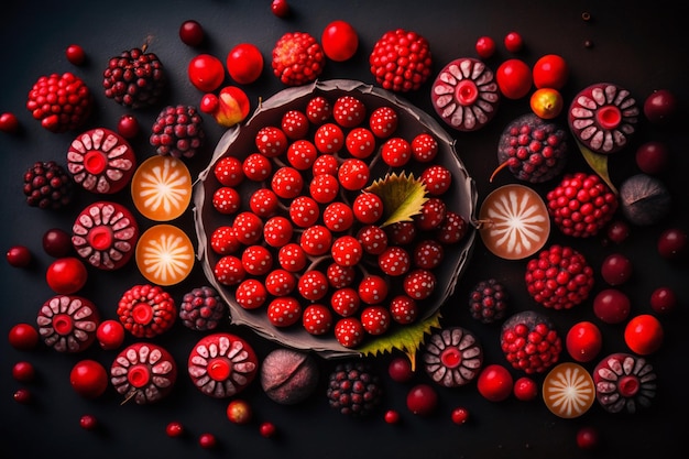 Red raspberry balls on a black background