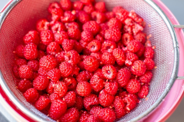 Red raspberry berry in a bucket