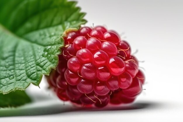 Foto bagno di lampone rosso con foglia macro su sfondo bianco