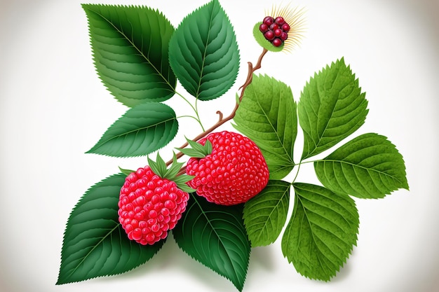 Red raspberry and leaves on a white backdrop