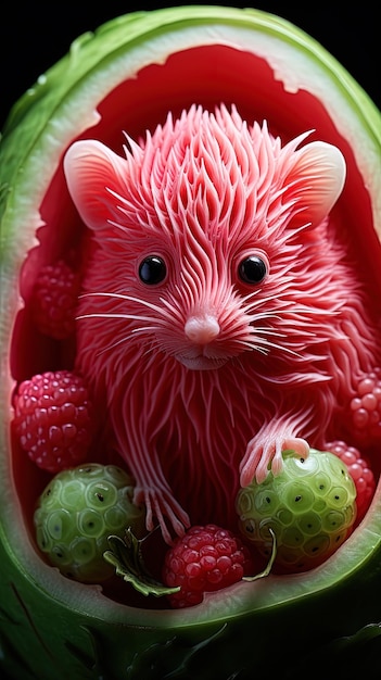 a red rat with a nose and some raspberries on it