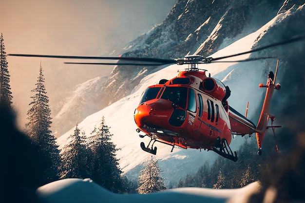 Red rescue helicopter in the winter mountains