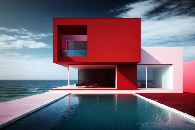 Красная жилая вилла с современной архитектурой, бассейном и видом на море.