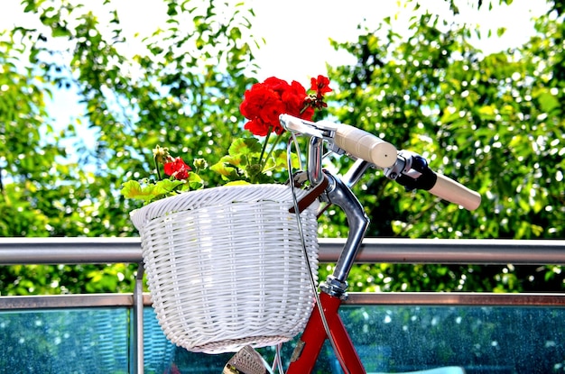 Red retro bicycle with white basket decorated with red flowers.