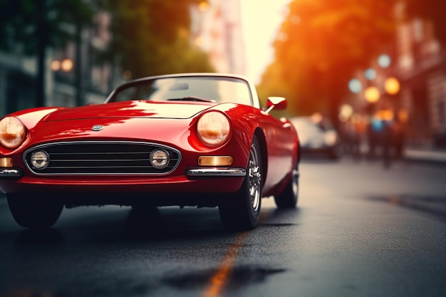 Red retro car on a city street