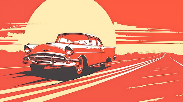 Photo a red retro car drives into the sunset on a long road the sky is a bright orange and the sun is setting behind the car