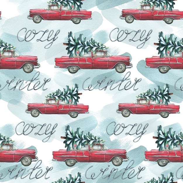 Red retro car with a Christmas tree on the roof with the inscription cozy winter on the background of blue spots Watercolor illustration hand drawn Winter seamless pattern