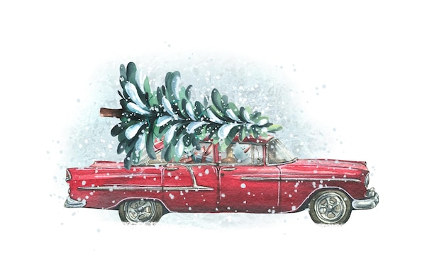 A red retro car with a Christmas tree on the roof with a snowman gifts snow Watercolor illustration The composition of a large set of COZY WINTER For the decoration and design of the New Year