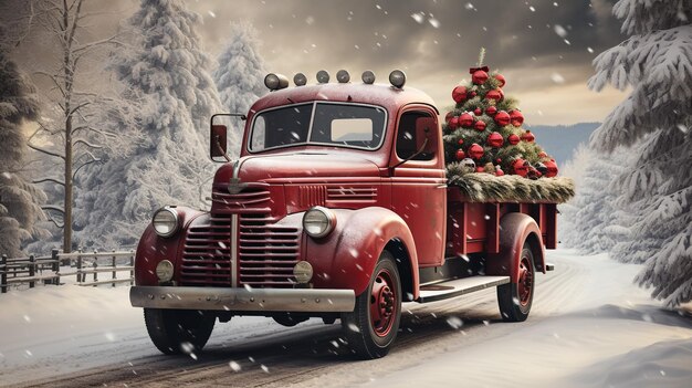 Photo red retro old vintage truck car full covered snow at snowy winter day