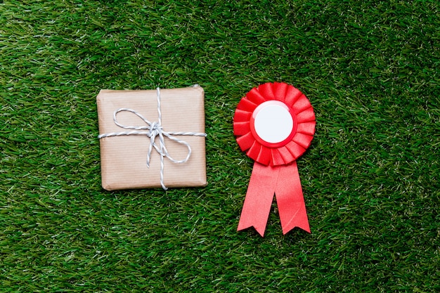 Red reward and gift box on green grass background,