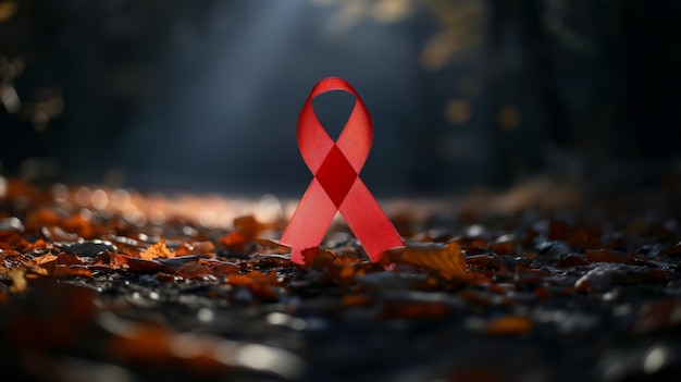 Red ribbon on autumn leaves backlit by sunlight concept