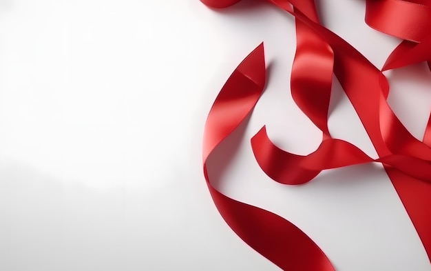 A red ribbon is on a white background