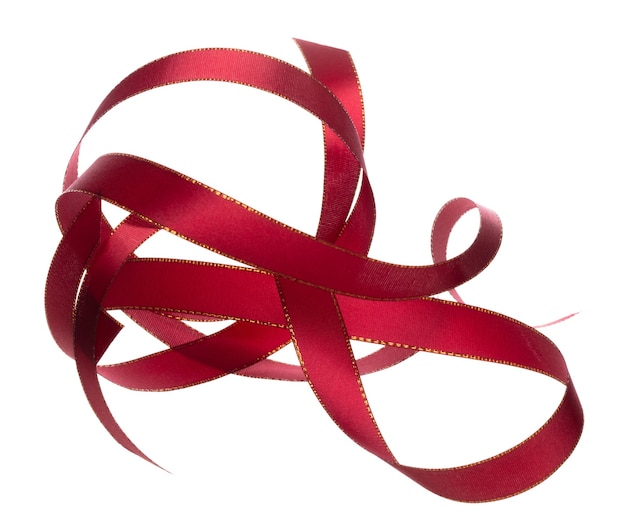 Red ribbon long straight fly in air with curve roll shiny Red ribbon for present gift birthday party to wrap around decorate and curl curve long straight White background isolated