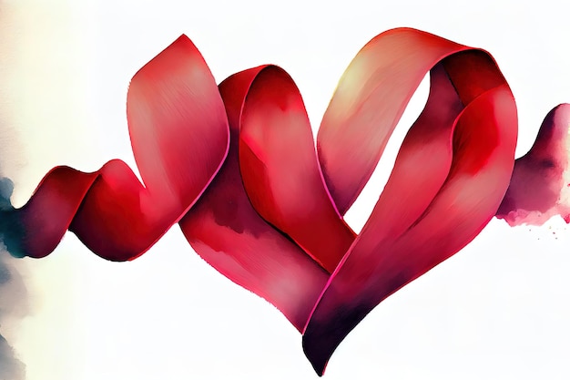 白い背景に愛のハートの形をした赤いリボン 手描きの水色のグラデーションの絵