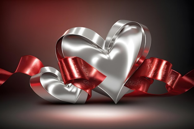 Red Ribbon Shaped Hearts On Silver Shiny Background With Lights