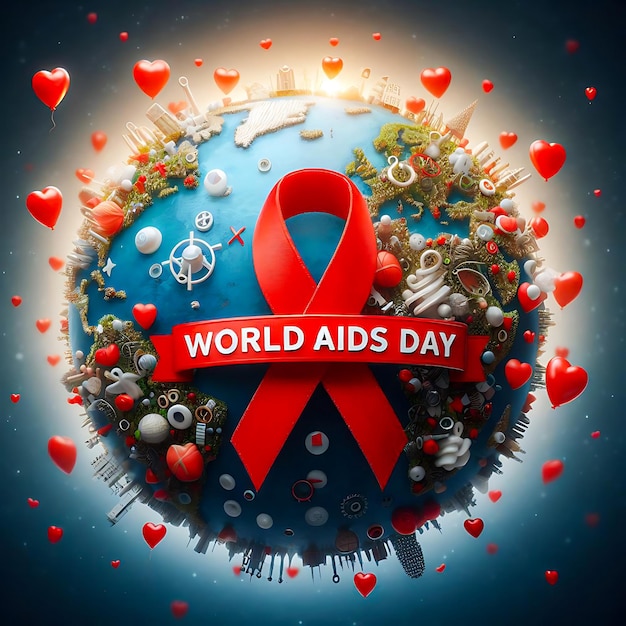 Photo red ribbon symbol for aids encircles world amid medical icons
