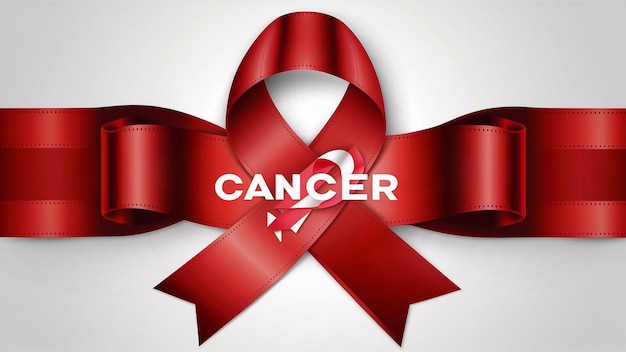 Photo a red ribbon with the word cancer on it