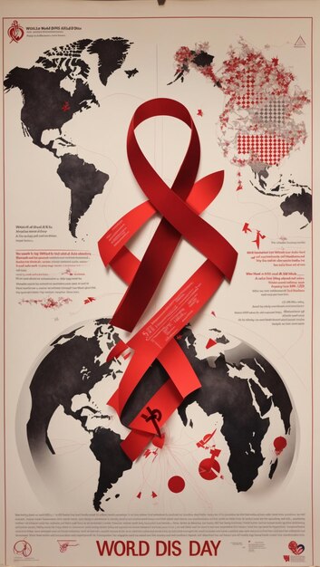 Photo red ribbon on world map for world aids day