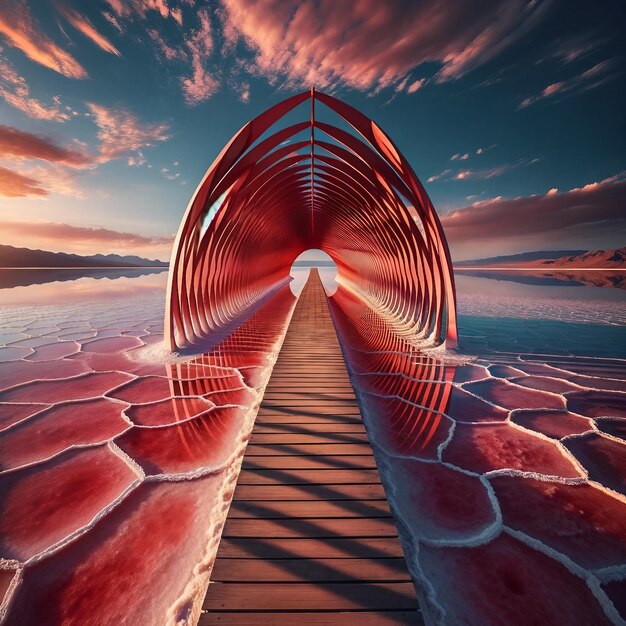 レッド・ケージ・トンネル (Red Ribcage Tunnel) は,活気のある塩原の夕暮れにある.