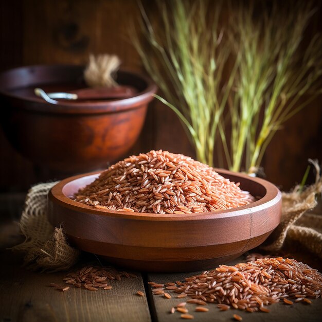 Фото Красный рис в деревянной чаше на столе