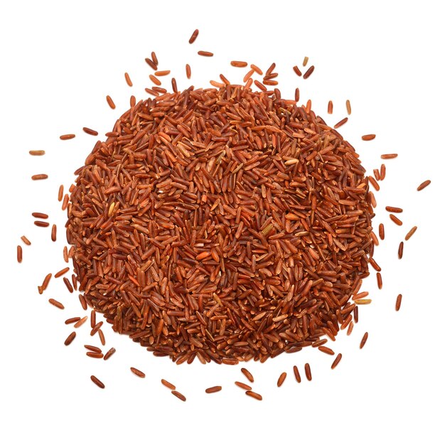 Red rice isolated on white background. Flat lay, top view