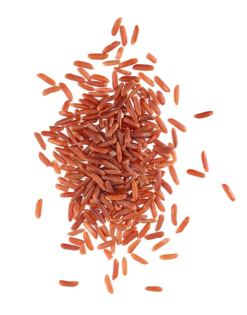 Red rice isolated on white background Whole grain raw brown rice Top view